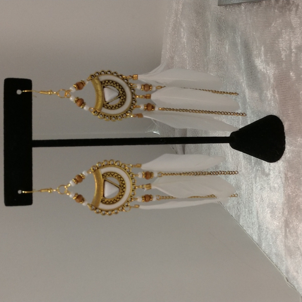 Earrings Feather Boho 5" Drop Cream Gold-tone